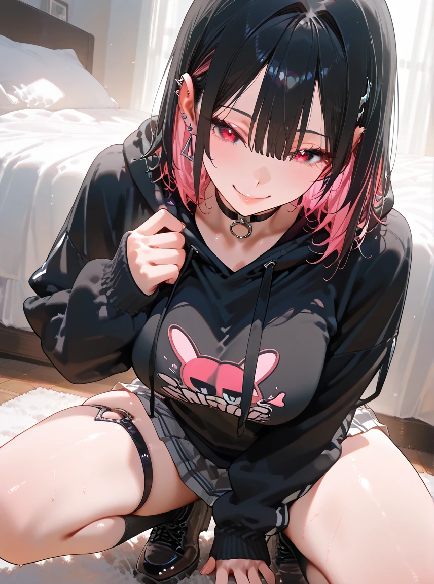 Anime, girl, teenage, hime-cut, short hair, black hair, red eyes, cool, earrings, night, highlights pink under hair, big boob, sleep time, underwear,
