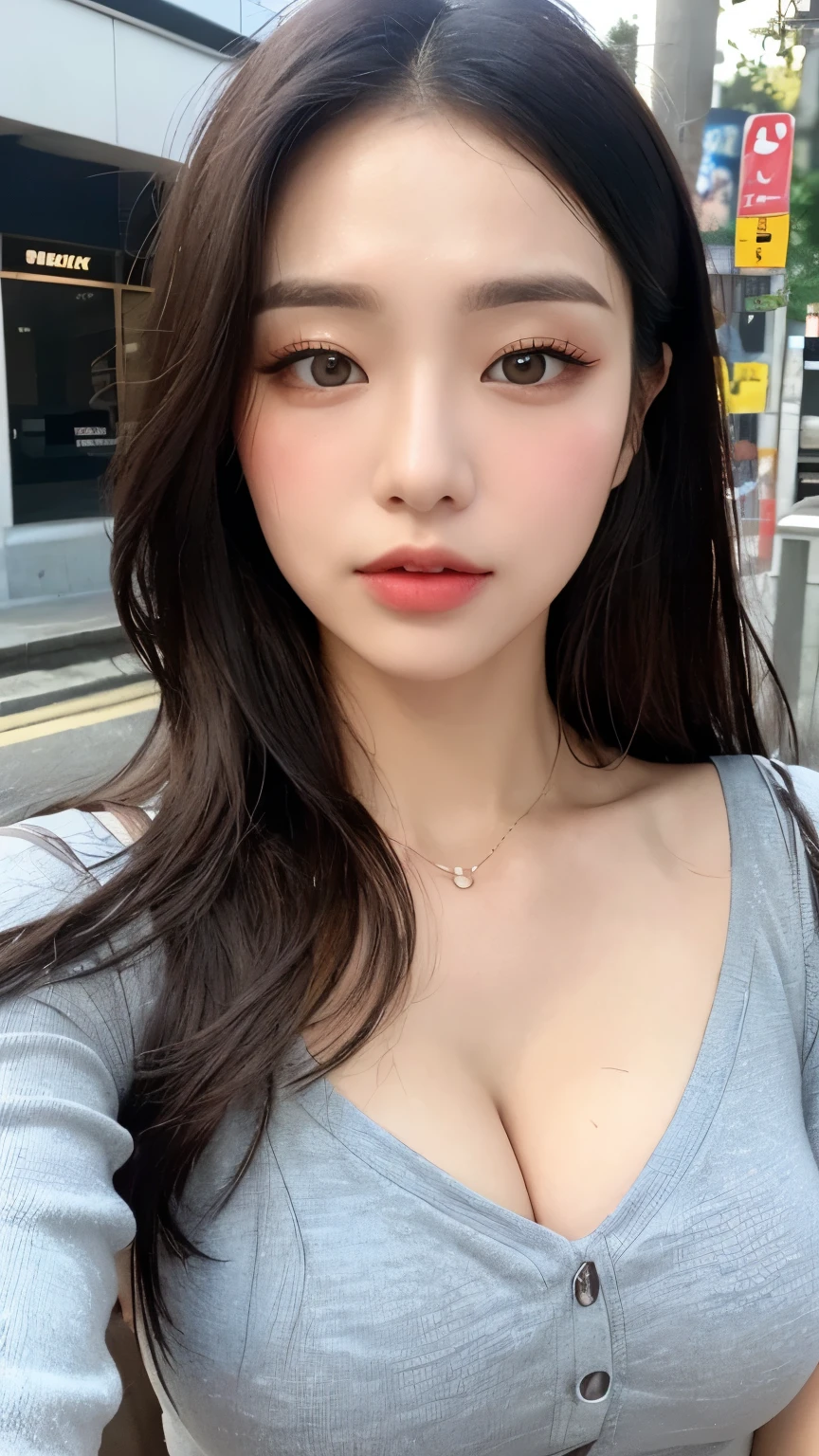 ((best qualtiy, 8K, tmasterpiece:1.3)), Sharp:1.2, perfect figure beautiful woman:1.4, Slim abs:1.2, ((Layered Hair Style, huge tit:1.3,cleavage:1.2)), (A long shirt with transparent wet black buttons:1.1),(Sateen,the street:1.2),Highly detailed facial and skin texture,A detailed eye,二重まぶた,Look sideways at the camera