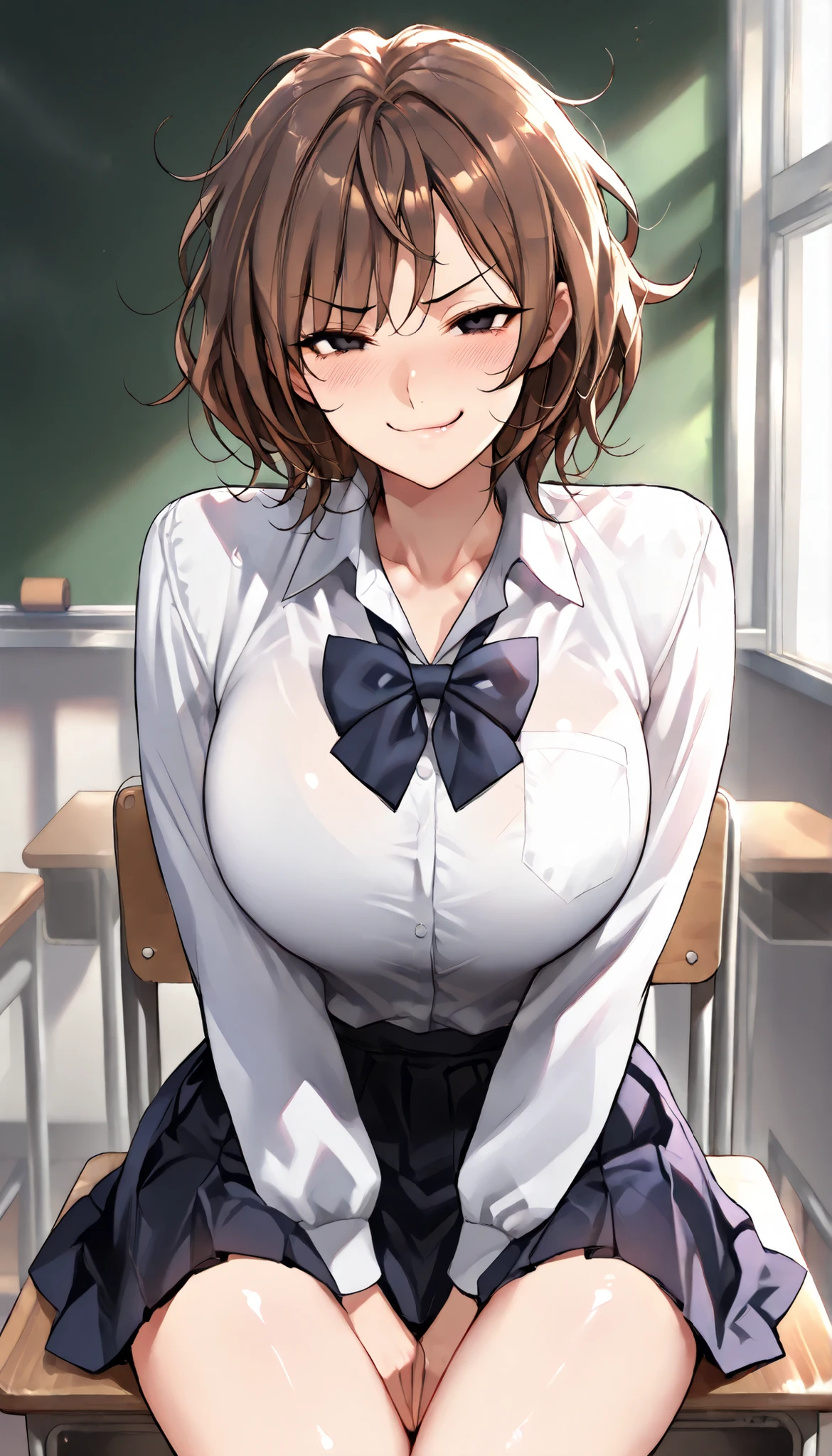 SOLO,Modern Backgrounds,A female with slim body(older girl),black eyes,medium oppai,shiny skin,(Wearing A loose JK skirt),(White school uniform),Sitting in Classroom,Arrogant sitting position,(Brown hair,Short hair,Messy Hair),(Smug),slightly tilted forward,UHD, SOLO, anatomically correct, masterpiece, textured skin, high details, highres, 1080P, 16k, accurate, Beautiful face, Beautiful Nose, Perfect face, Highly detailed beautiful face and eyes, Attractive face, Detailed face, Delicate facial features, Detailed skin,Cowboy shot,(Look at the viewer)