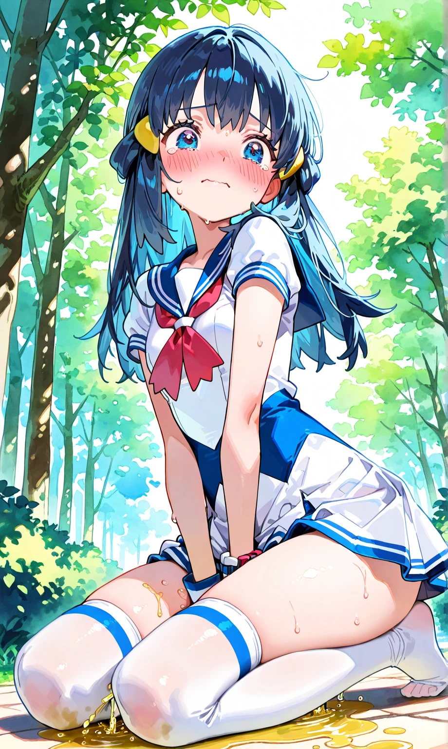 portrait, sharp focus, soft lighting,, , illustration, depth of field, (bloom:0.4), kagomexl, long hair, black hair, brown eyes, bangs, , serafuku, sailor collar, red neckerchief, anime coloring, cloth gagged, underwater background, shibari, hands behind back, eyes closed, show full body, underwater background, coral reef, face turning blue from oxygen depravation, looking above, tied up with tape and rope, ball and chain on one leg, legs bound, wrists bound, white cloth gag over mouth, subject off center to the left, legs and ankles tied up, , white cloth gag, angry and panic expression, panicked and struggling, dark green skirt, pink panties, ball and chain anchoring her to ocean floor