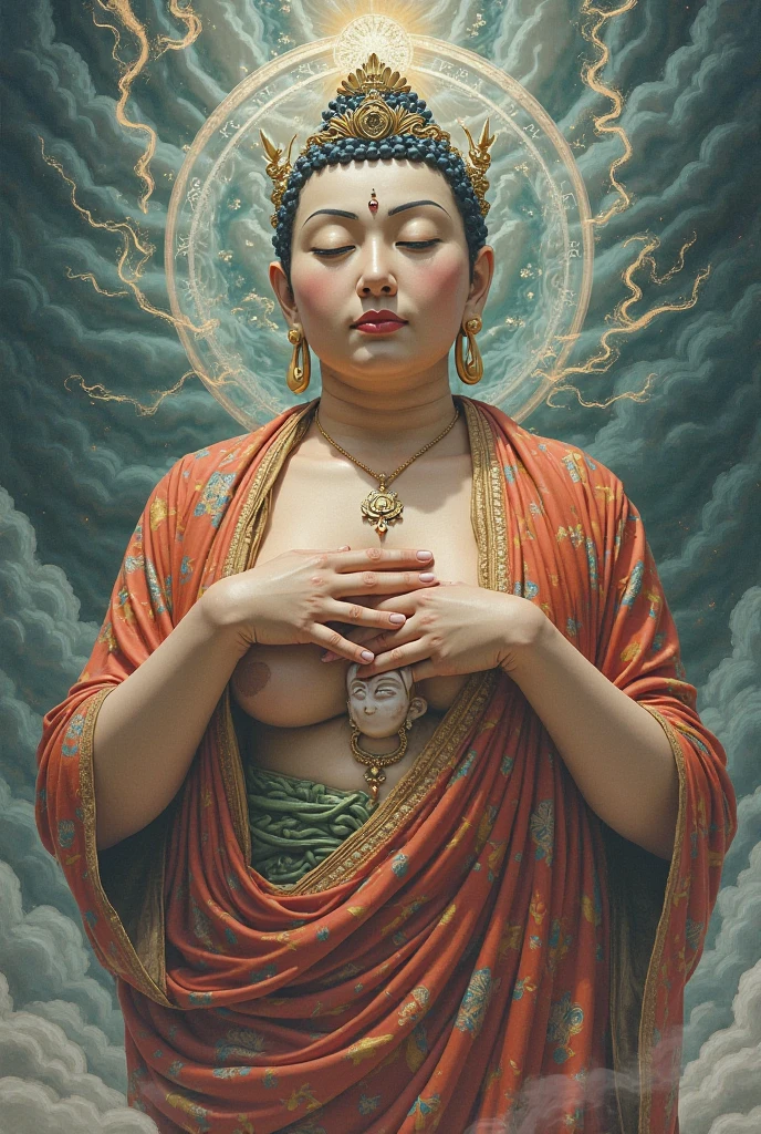 An ancient Chinese goddess, Guanyin of the Southern Seas, radiates serenity with her inspiring countenance, reminiscent of India's Avalokiteshvara Bodhisattva. Surrounded by the ethereal beauty of lotus flowers, she embodies the Buddhist essence with her naked form subtly hinted in a nsfw manner. This captivating image is rendered in the intricate shui mo hua Chinese painting style, showcasing intricate details and delicate brushwork. With vivid colors and stunning resolution in 8k, every element shines like a Thangka, revealing Guanyin's divine and compassionate form. Nsfw, naked, pubic