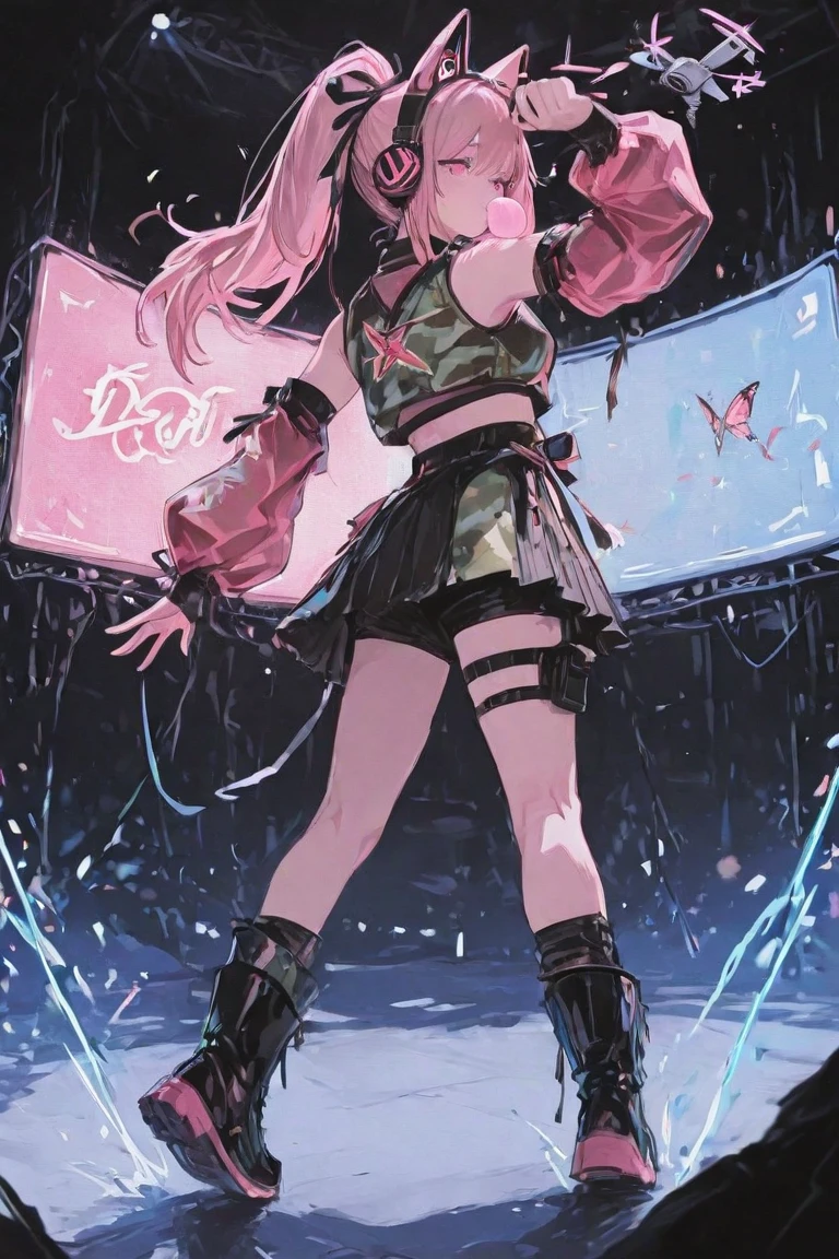 ((1 person)), ((best quality)), ((masterpiece)), (detailed), ((punk-ish aesthetic)), (femboy), perfect face, a mole under each eye, Slim, White long pixie cut with red steaks, Pink eyes, Spiked choker, Pink crop top, ((unsymmetrical)) half-pink half-Black skirt, ((Black legging), Dark Heeled Boots