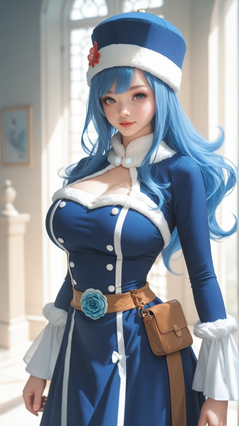 whitey bay from anime one piece, beautiful, beautiful girl, very beautiful, smiling expression, standing, perfect body, wearing purple pirate hat, blue clothes, baby blue hair