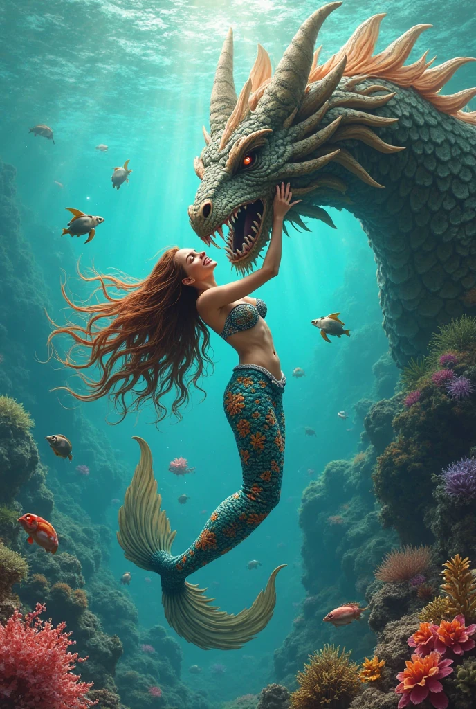 a mermaid with a scary looking and sea monster appearance in the ocean's depth --auto