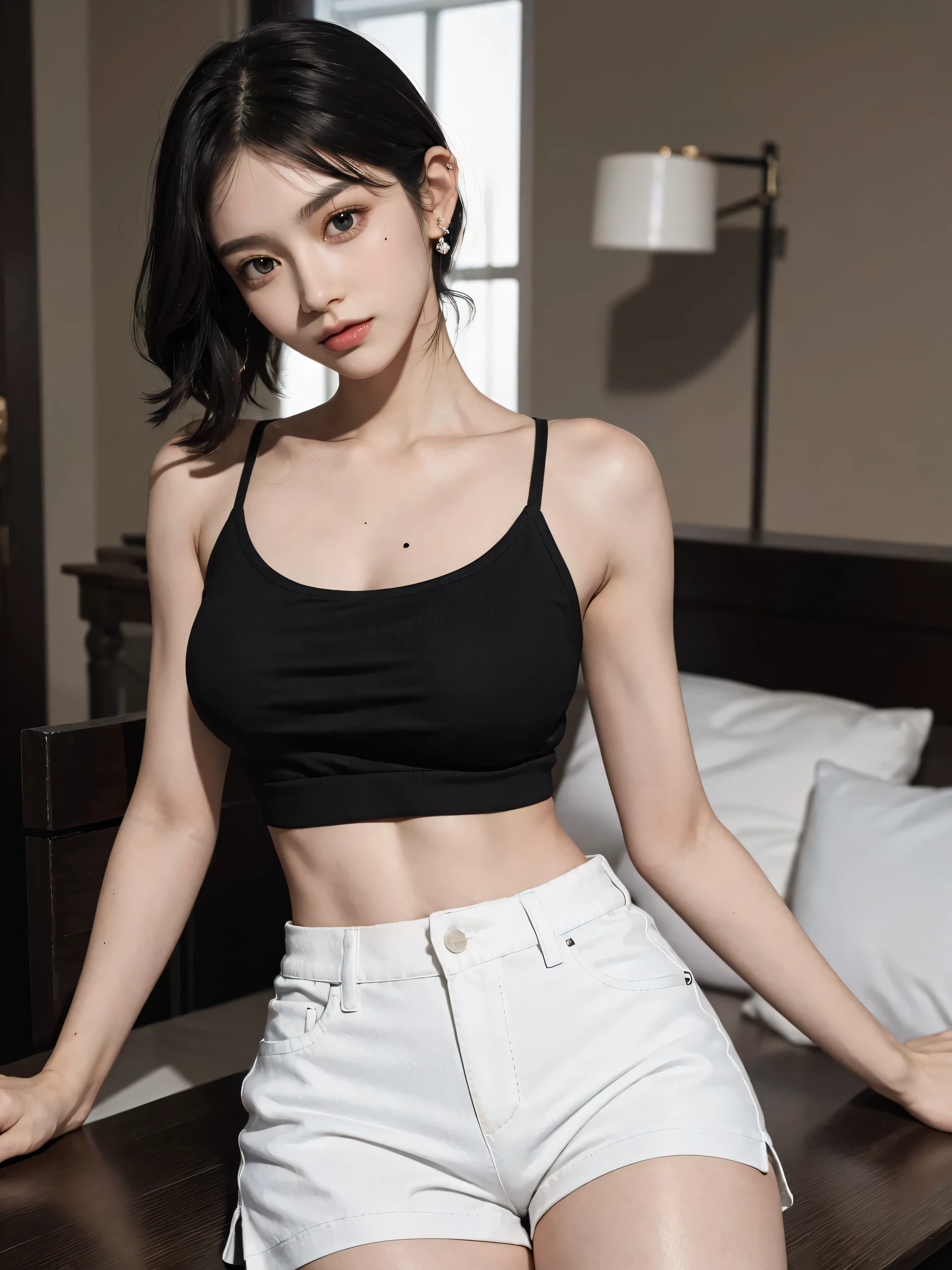 absurdres, RAW photo, extremely delicate and beautiful, masterpiece, Best Quality, ultra high resolution, 32k, hyperrealistic, ultra-detailed, perfect anatomy, super Detailed skin, perfect figure, Super Beauty, Perfect Style, Perfect balance, Beautiful Lighting, Perfect Lightning, Realistic Shadows, 20 years old, very Slim body, narrow waist, very small head, very small face, delicate facial features, handsome detailed woman, very detailed eyes and face, realistic face proportions, Realistic beautiful face, Realistic beautiful eyes, tearful mole, earring, very huge round breasts, legs, medium hair, asymmetrical hair, full body shot, indoor, tank top, crop top, skirt, sleeveless,