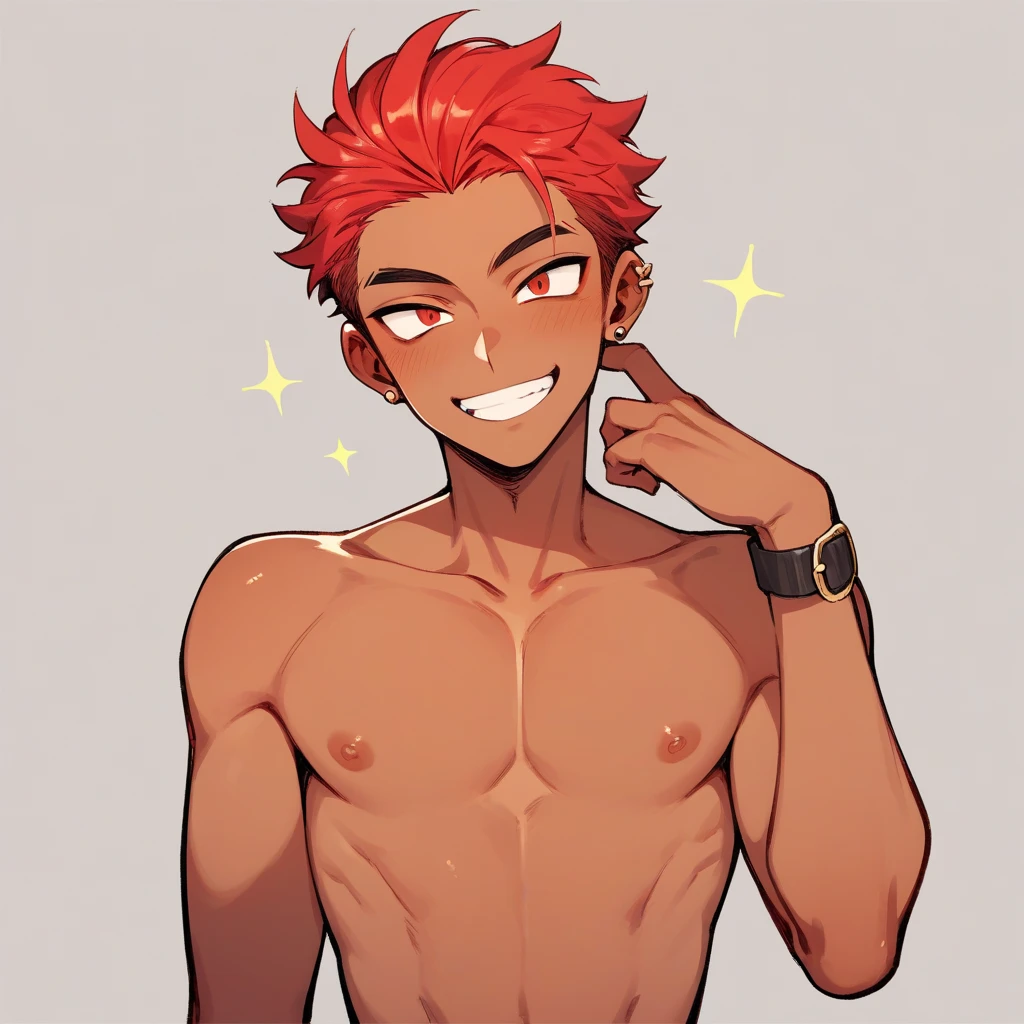 独奏, 1boy handsome, (anime screencap), short messy red hair, looking_at_viewer, simple_background, upper_body, ((///Twitch emoji icon)\\\)), teasing smile, light sweating, half closed red eyes, flirty-look, {{topless, Upper-body}}, anime styles, (gym background background), {{Sharp lines, High Quality Animation}},{{masterpiece, best quality, expressive eyes, perfect face, perfect fingers,}}}}
