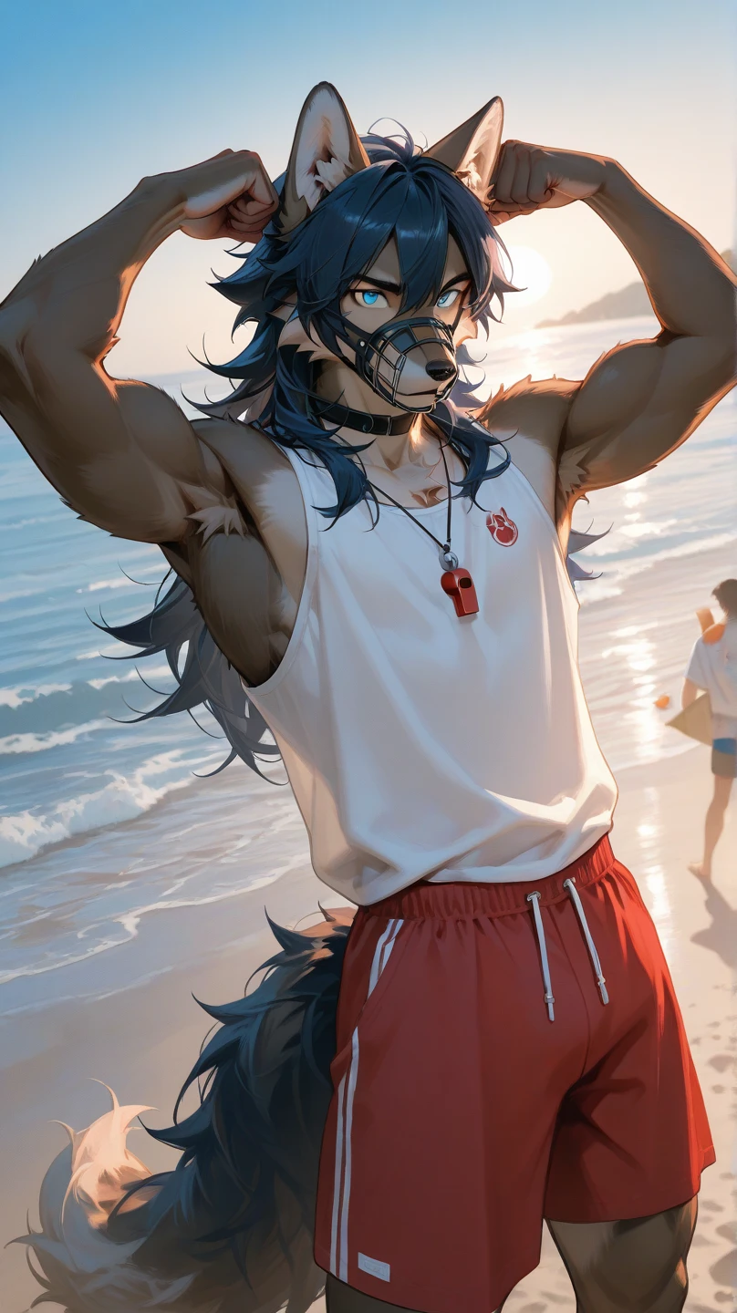 (high quality,masterpiece:1.2),white wolf,beach,swimsuit,muscular body,blushing face, detailed eyes,rippling fur,gentle expression,vibrant colors,soft lighting,seaside breeze,playful pose,graceful movements,deep blue ocean,crashing waves,glowing sunset,serene atmosphere,subtle sand textures,sharp focus,wet fur glistening,varied shadows and highlights,photorealistic rendering,agile stance,dynamic composition