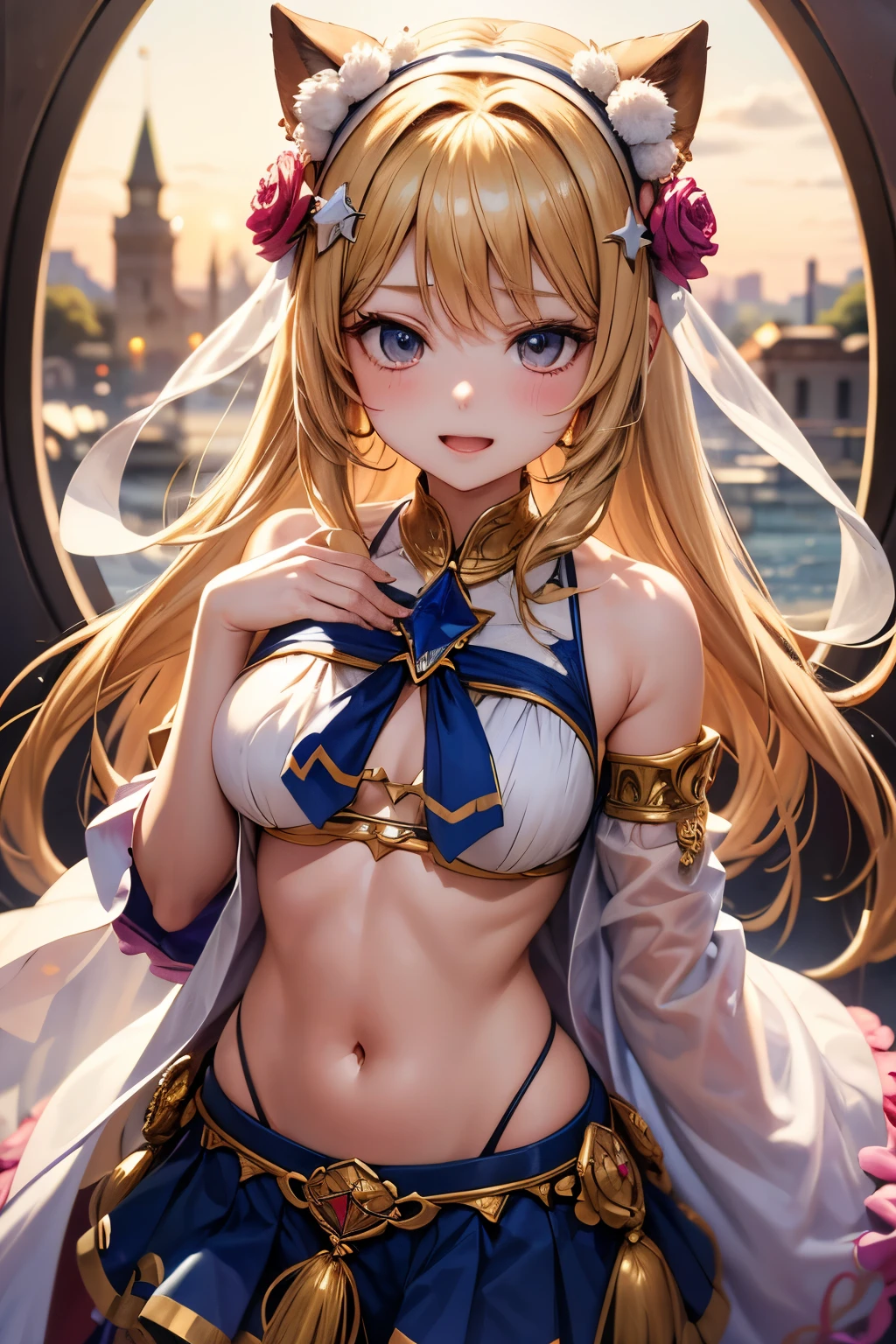 girl、wheat-colored skin、dark skin、odd eye、Right eye red、Left eye green、long hair、gray hair、evening、red dancer costume、red earrings、whole body、Thin fabric、belly button、gold bangles、gold anklet、thighs、shoulder、Red Turban、The background is grassland、look up here、Lipstick is light pink、open your mouth a little、Embarrassed expression、