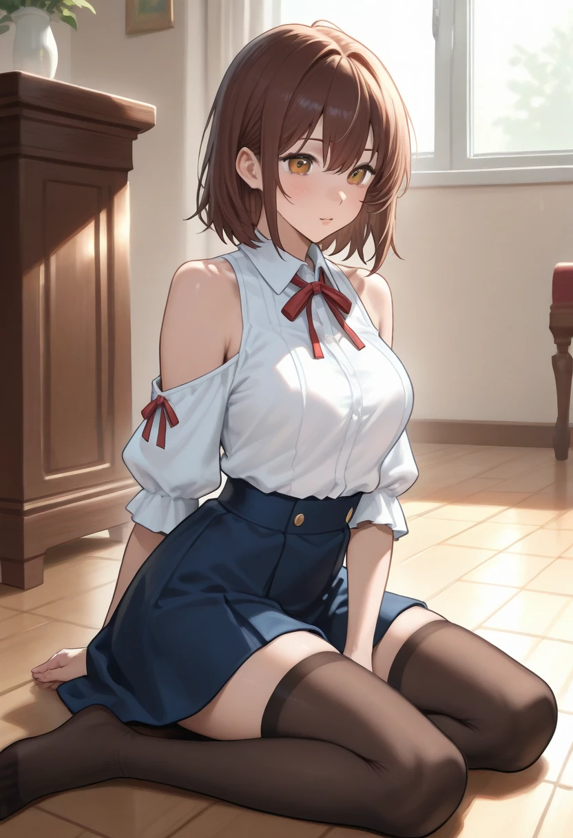 Taeko Kondo、Girls&Panzer、Brown Hair、Short Hair、((pantyhose))、Photo from below、Medium chest、Bedroom、(Sleeveless shirt)、Red ribbon、Black Panties、Checkered mini skirt
