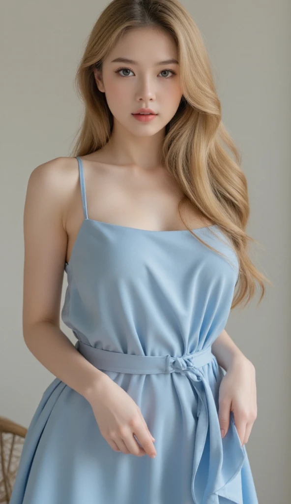 score_9,score_8_superior,score_7_superior,One girl, Tolerate野_Tolerate, alone, blonde_hair, straight_hair, very_length_hair, flat_chest, clavicle, Absurd, High resolution, just_arms, Closed_mouth, hand_between_foot, head_Tilt, short_dress, No sleeve_dress, strap_slip, sundress, Cleaned up_前hair, wariza, white_dress, yellow_eye