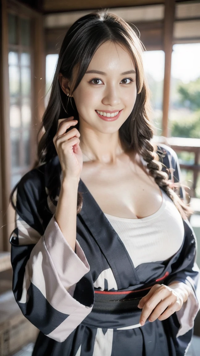 (8k、RAW Photos、Highest quality、masterpiece:1.2)、(Realistic、Realistic:1.37)、Very detailed、Ultra-high resolution、Beautiful mature woman,View your viewers、Beautiful and elaborate face、Laughter、narrow、(Tight waist) :1.3)、Fine and beautiful skin、Skin Texture、Floating Hair、Professional Lighting、The whole human body、Braided Hairstyles、Japanese Yukata、Floral Yukata、kimono、Colorful yukata、Japanese style tea shop、Bob Hair、Big Breasts,smile、No makeup、Moisturizing lips、Pale pink lips、Haruka Igawa