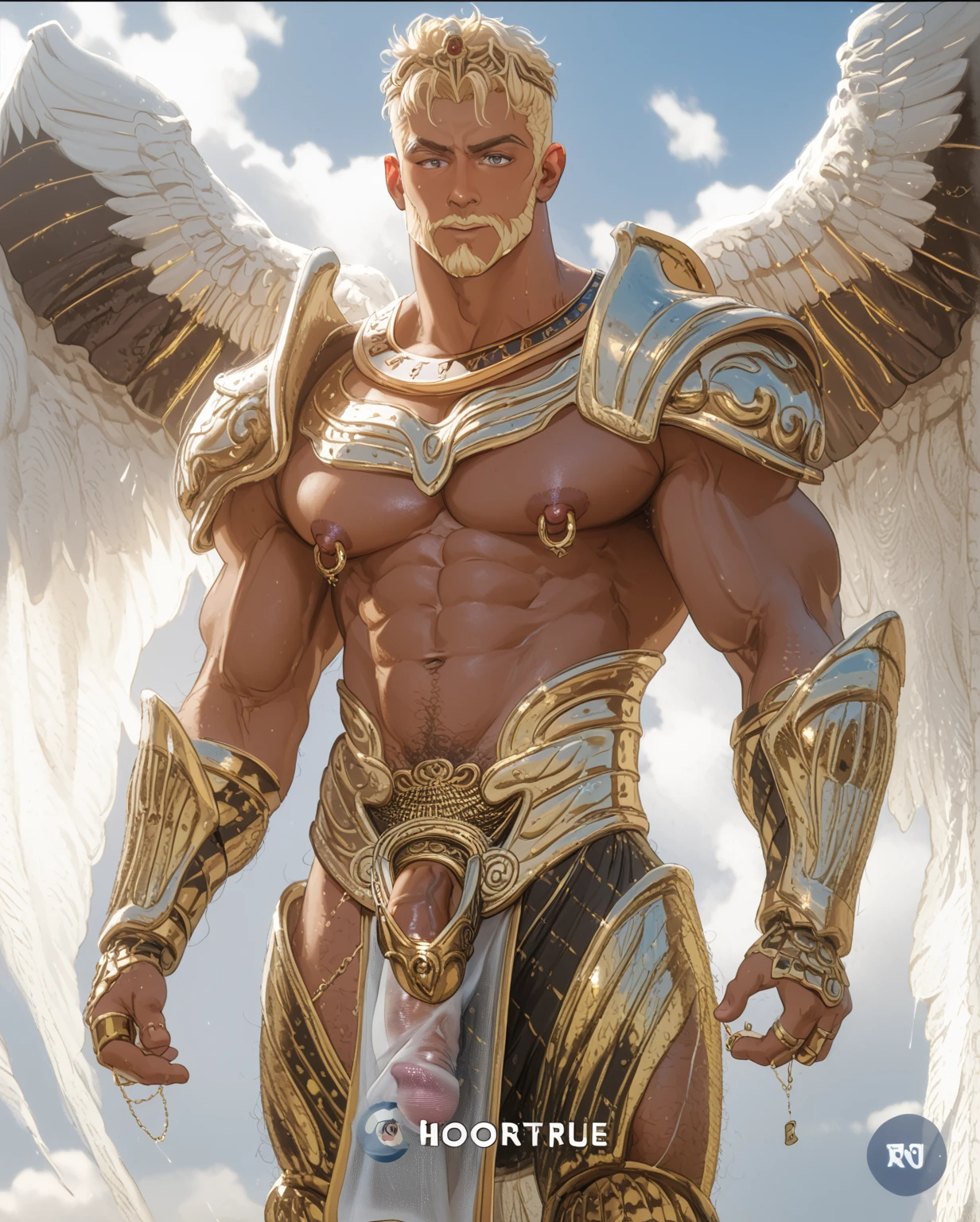 super high resolution, best quality, photo, 4k, (photorealistic: 1.4), cinematic lighting, handsome blonde ukrainian bodybuilder boy, full naked male angel with large translucent wings, expose the penis, huge penis, errected, shirtless naked muscular man, abdominal muscles dressed in medieval gold armor, detailed feathers, men angel with large translucent wings, muscular , abdominal muscles clad in medieval gold armor, detailed feathers, , contrasts, smooth skin, soft hands, correct anatomy, five fingers. focus on the penis, big ass