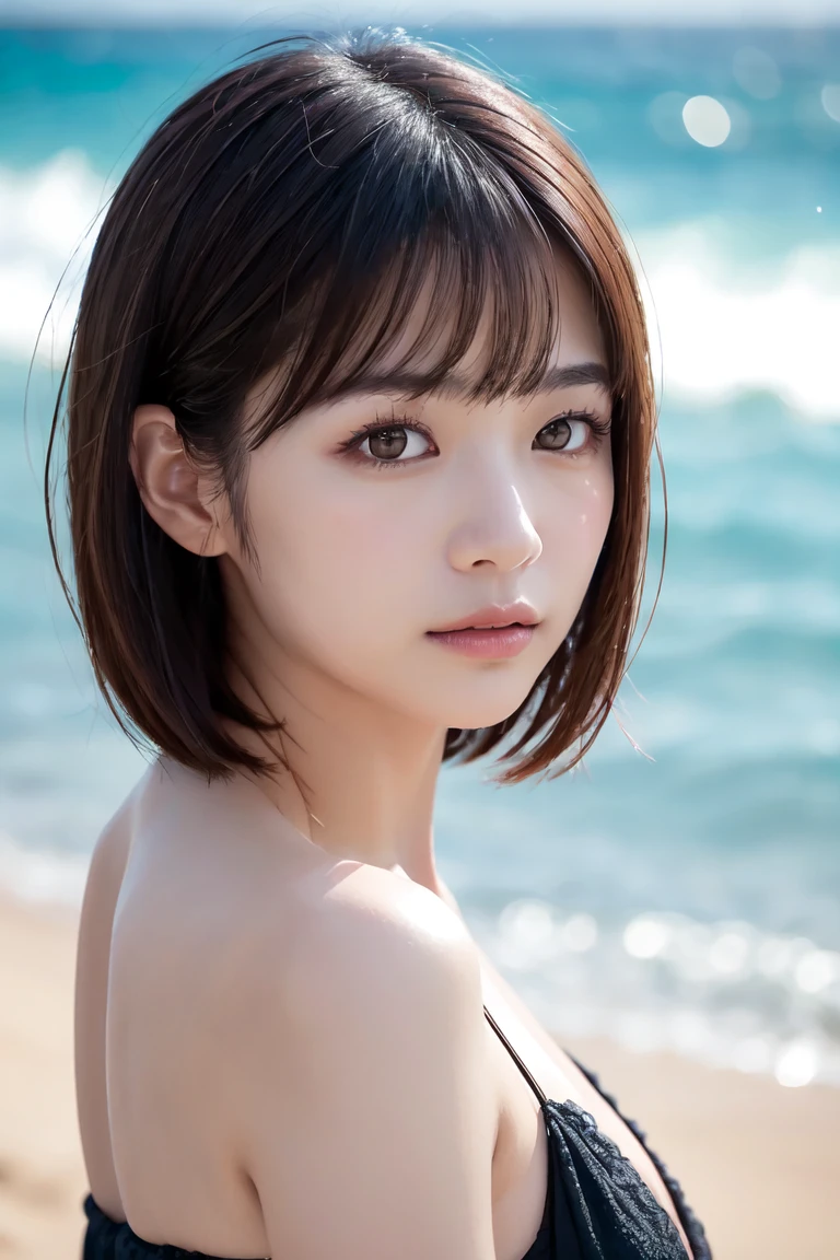 Tabletop, highest quality, figure, Very detailed, In detail, High resolution, 8k wallpaper, Sexy big 、Bold sexy pose、A 22-year-old beautiful girl with a sexy and cute look, Beautiful and sexy face、A strong wind blows my hair in front of my face、Shorthair and、Beautiful, cute and sexy eyes hidden behind long bangs、Tops Bikini、Fluorescent Bikini、
