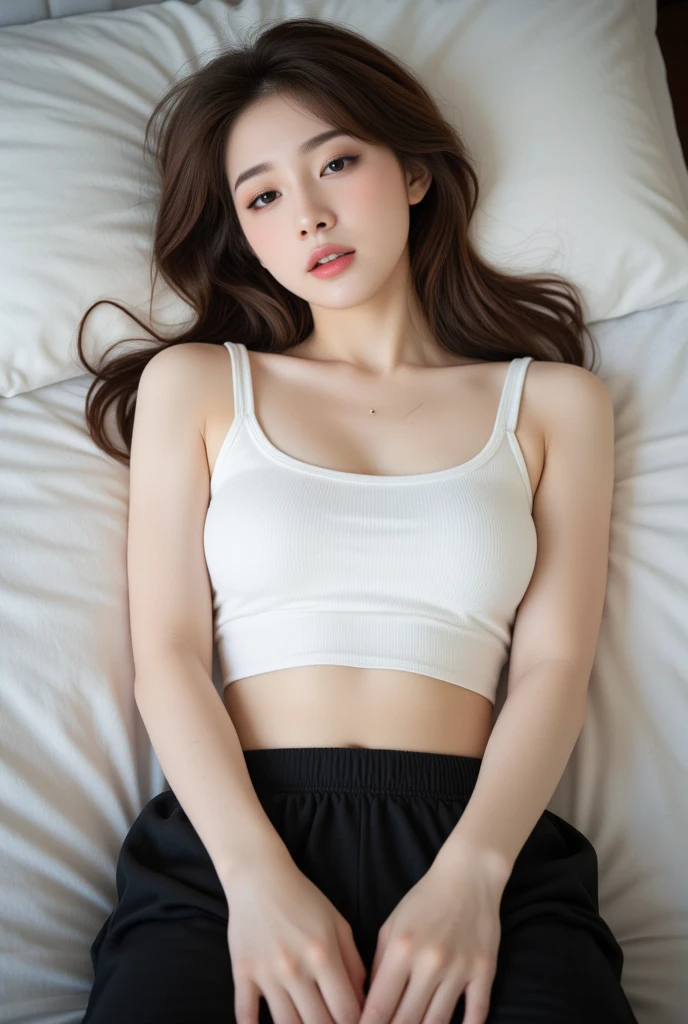 1人のgirl, (a beauty girl, delicate girl:1.3), (24-years-old:1.3),
break, (White tank top:1.4),
break, Definition of very fine particles, (Symmetrical eyes:1.3),
break, (Lie down in bed、Rake up your hair with both hands、Underarm、Bedroom:1.3),
break, Mid-chest, Brown eyes, Parted bangs, Brown Hair, girl,
break, (Eye and facial details:1.0),Embarrassed、blush、Red cheeks、erect nipples、belly button、Side Tail、
break, (masterpiece, highest quality, Very detailed, Detailed face, 8k)