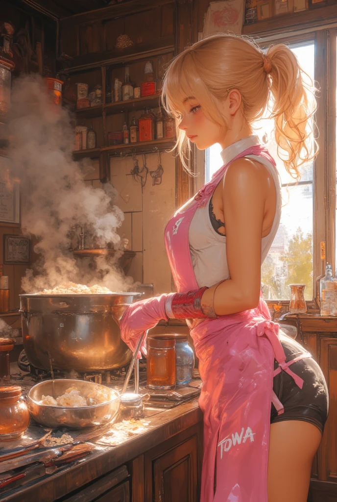 alice, anime art style, 1girl, solo, breasts, looking at viewer, smile, short hair, open mouth, large breasts, red eyes, hair between eyes, upper body, white hair, :d, blurry, chef