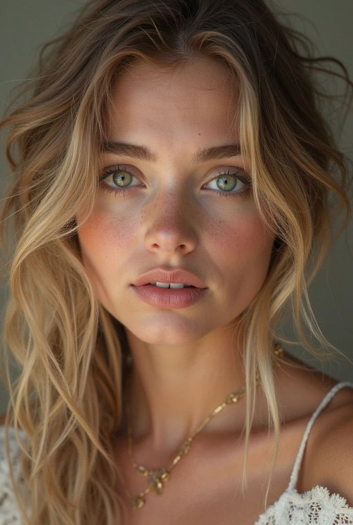 arafed woman with long hair and a necklace on her neck, nina agdal, barbara palvin, portrait of barbara palvin, beautiful model, face like ester exposito, gorgeous attractive face, extremely beautiful face, gorgeous face, attractive female face!!!, perfect natural skin tones, attractive beautiful face, perfect face model, very beautiful face