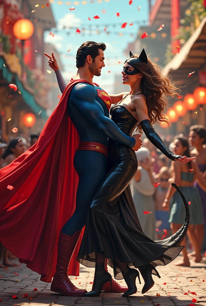 surrealist. Two dancers. ironman and pepper potts charracter performing a tango. hyper realistic. romantic dance pose. rain, wet, in a slum area, in the city of Jakarta. intricately detailed, cinematic lighting, sharp focus.