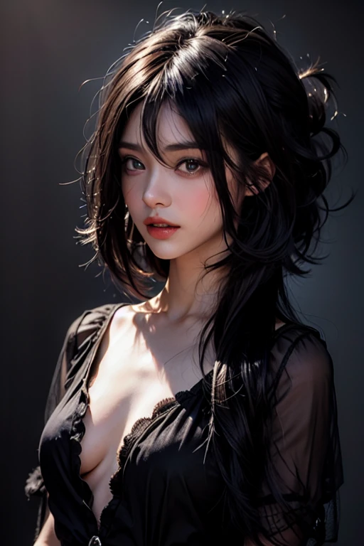 masterpiece, best qualitiy, RAW photos, realisticlying, A high resolution, hyper-detailing, Focus on the face, looking at viewer, Detailed eyebrows, realistic beautiful eyes, realistic glossy skin, straight Bangs, realistic movie lighting, detail shaded, high contrast, Slender, big boob, Big breasts, Exposed cleavage, open mouse, nsfw, Sexy face, Facial expressions when receiving pleasure, ((Dark background))