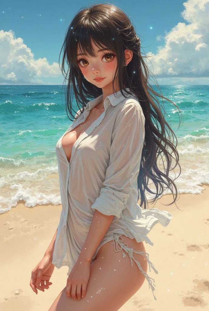 Exquisite (slim (skinny)) Girl 16 years old (with a perfect, very beautiful face of the southern type and almond-shaped eyes) (with a southern skin tone and soft lips) (with dark hair) (costs (waist-deep in water)) (nude) (with naked tender beautiful breasts) ((with soft pink nipples)) (barefoot) In the middle of a big river; ((Sunset Evening Amber Light)), ((caramel soft warm shades)); (Warm summer late evening), ((Warm sunset light)); draw ((in watercolor style)); ((very beautiful exquisite face)); (high image quality, high detail), ((discreet faded shades, pale expressionless colors, imitation of film photography, diffused soft light)); ((big alien eyes), skinny); ((delicate mint shades)), (sfumato)