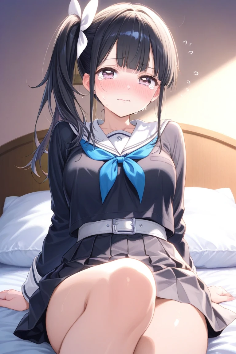Tabletop, highest quality, wallpaper, Super detailed, Absurd beauty,junior high school student、evening、Backlight、bionde、Long Hair、Wavy Hair,single hair bun、standard weight、Large Breasts、(school uniform、open clothes):1.1,(sexual climax,nose blush,saliva,closed eyes):1.1、(1man and 1girl are having sex on bed)1.2、man on top、bird’s-eye view、Bare your breasts、Exposing the breasts、Nipples、Spread your legs、pussy in big penis,Love juice