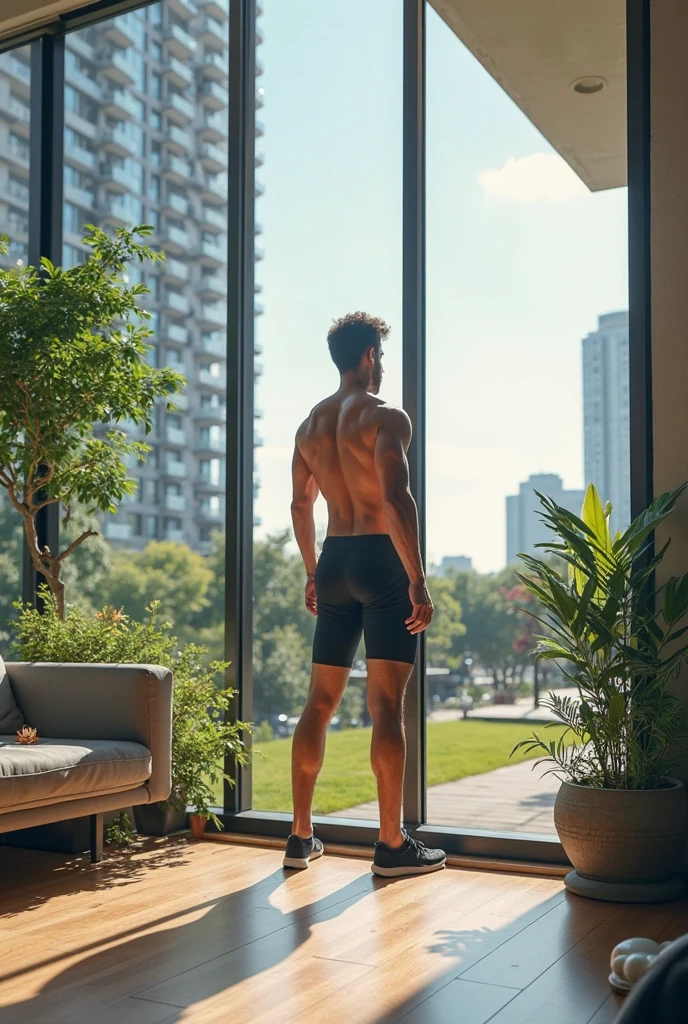Full body, Andrew thomas huang, oval face, eyeglasses, neat muscular, sleeveless shirt, short shorts, standing, looking out the window, rainy day, shot from behind