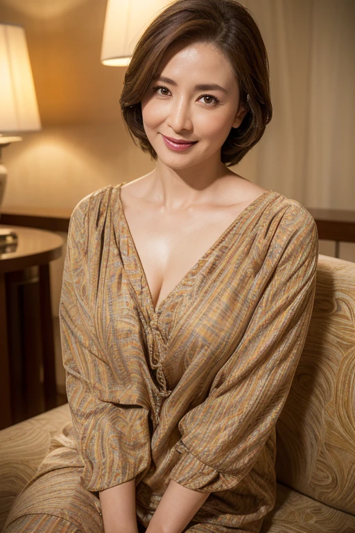 Giving a massage to a man、Highest quality、High resolution、Photorealistic、Raw photo、8k wallpaper、perfection、Professional Lighting、Very detailed、Depth of written boundary、Light solid color background、((Japanese mature woman in her 50s))、Chubby figure、Sexy Woman、Detailed face、Beautiful Eyes、bangs、Big and ample breasts、Light brown half-up hairstyle、Faint lips、((I am very surprised、Surprised face、Mouth open in surprise))、Business Wear、Legs outside frame、Looking at the viewer、((Fashionable dresses))