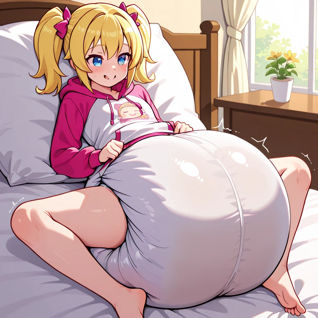 Enormous bloated expanding diaper mess, huge bloated pregnant belly, huge overflowing breast, orgasm relieved expression, tongue out, butt toward viewer, pushing butt out, pov below, pink bra