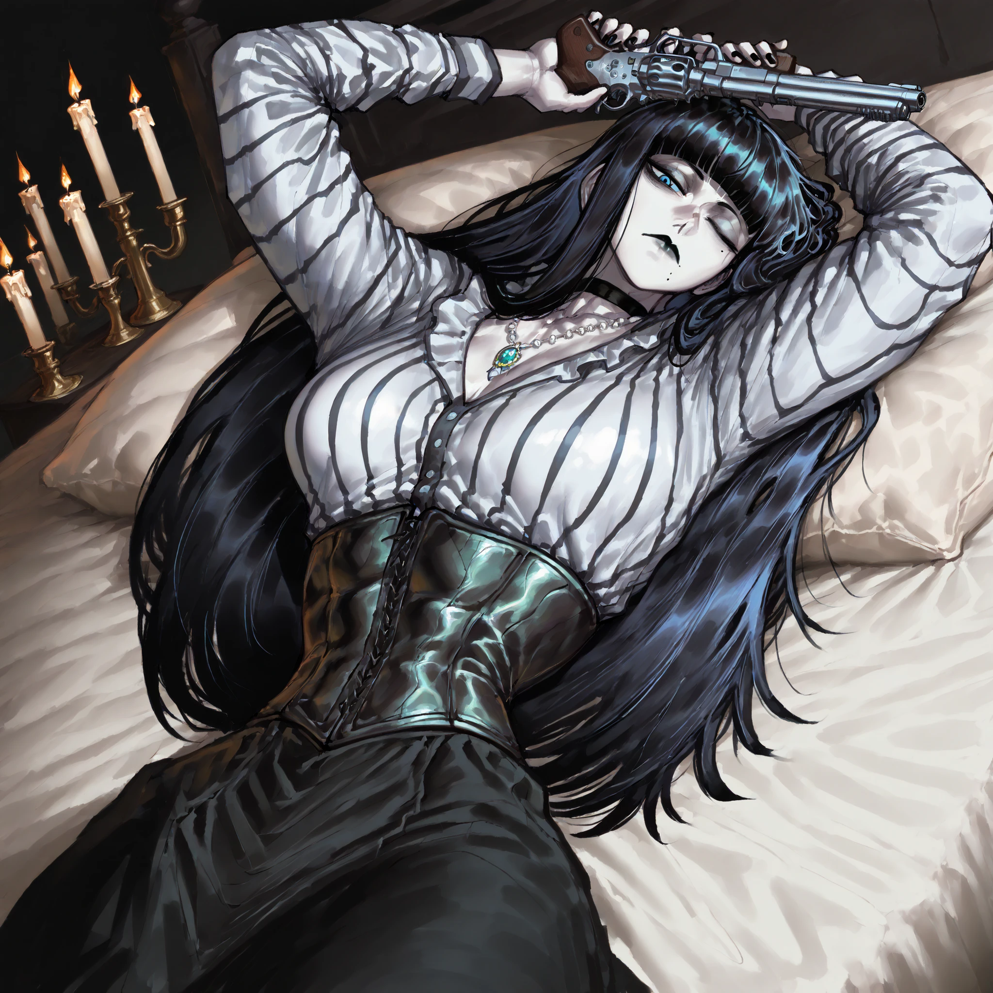 masterpiece, best quality, amazing quality, very aesthetic, absurdres, newest, 1girl, straight hair, head tilt, very long hair, black eyes, pale skin, , upper body, {{aquiline nose}}, tsurime, mole under mouth, forehead, tall female, small breasts, narrow waist, dutch angle,, stylized, dutch angle, dark, dim lighting, masterpiece, best quality, amazing quality, very aesthetic, absurdres, newest, volumetric lighting, krekkov, virgoart, goth, black hair, black lips, skinny, blank stare, age, arms up, on back, bedroom, candlelight, lying, leg up, one eye closed, bed, candles, on bed, rating_safe, 1girl, solo, long hair, breasts, looking at viewer, bangs, blunt bangs, blue eyes, large breasts, black hair, closed mouth, upper body,
long hair
black hair
bangs, blunt bangs,
straight hair,
blue eyes
pale skin,
large breasts,
striped shirt,
frilled collar,
gem necklace. gun
hands up dual wield, revolver, handgun, serious expression, black nails, black lips, corset, choker. holding pistol, pistol, gun, hires, colt python
