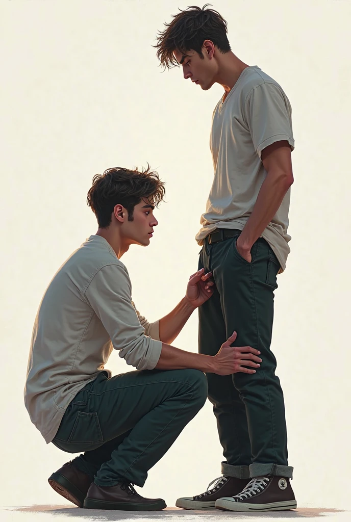 A teen sexy shirtless boy wearing fit pants sitting on the top of the belly of a lying guy while placing feet on his face