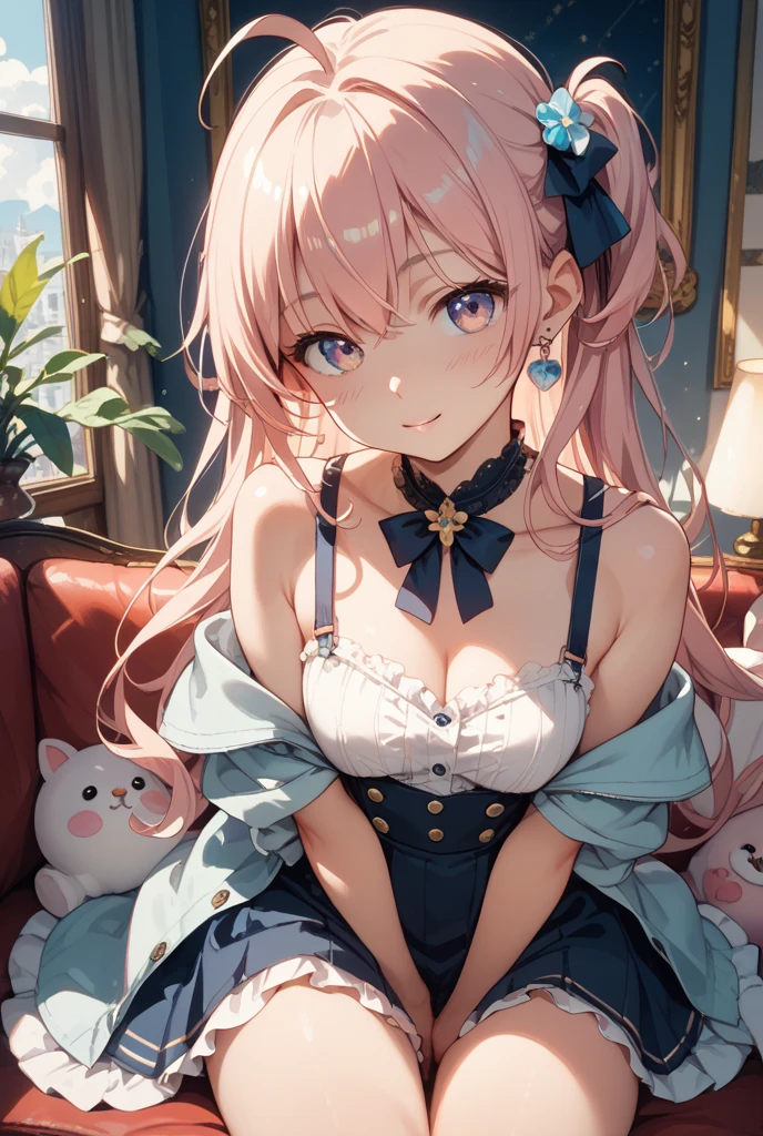 (Masterpiece, top quality, absolute resolution, real stick, realistic materials and textures, perfect anatomy), BREAK Subject: Photo girl Subtitle: Junior high school girls, thighs, small, cute, BREAK pink kawaii room , pink gothic room, messy room, Marchen, macarons, Candy, heart item, ribbon,star item, small window, (Miscellaneous goods are placed in a mess:1.3),dresser, antimacassar , busty, blond hair, topless, naked, blonde hair, blue eyes,