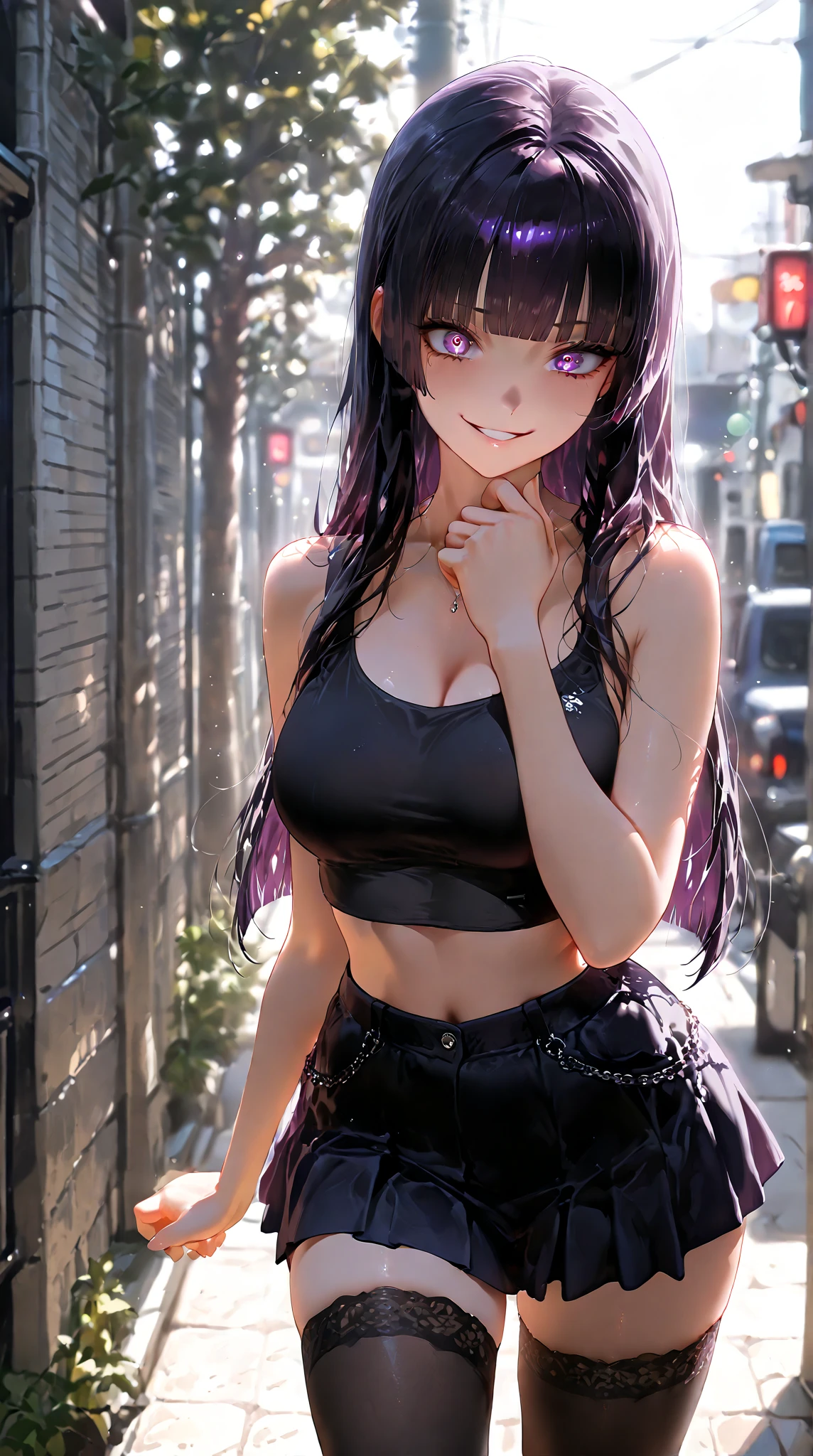 Masterpiece ,best quality , high resolution , ultra detail , colorful , soft light , mild light , sunlight , shinny , (perfect fingers , Detailed fingers, perfect hands) , (1 girl solo:1.38) , (Misato katsuragi) , (black eyes, ponytail , purple hair, medium_long_hair, make up, necklace, tall, slim body,) , (wear lab coat , white lab coat , inside wear  bikinin , navel , belly ,  thigh strap, head tilt) , (arms behind back . hands behind back) , (cleavage:1.15) , (big breast:1.1)  , (outdoor, on street , on road) , (standing cowboy shot) , ( full face blush , shy , smile , open mouth) , (face viewer , look at the viewer)