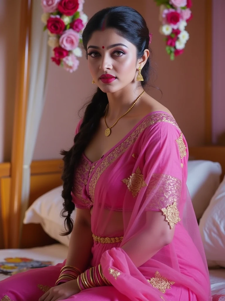 a cute woman in a pink sari posing for a picture, featured on instagram, seductive, angular, , hot, sexy, adorable, allure,