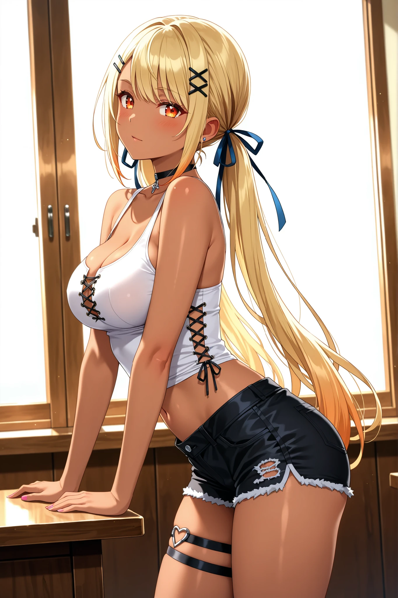 (best quality,highres:1.2),ultra-detailed,realistic,photorealistic:1.37,a beautiful girl (Mavis Vermillion from Fairy Tail) model in the image of a charming sexy Succubus with small tail,17 years old,long legs,medium breasts,extremely detailed face (with emphasis on azure eyes and she smile),Her white-colored hair falls to her shoulders.She is dressed in short blue denim shorts and a very short top (very shabby and torn in places),bent down, lifting her ass to the top,more sexy pose,illustration,colorful pop up art style,dynamic lighting,neon colors.Nsfw