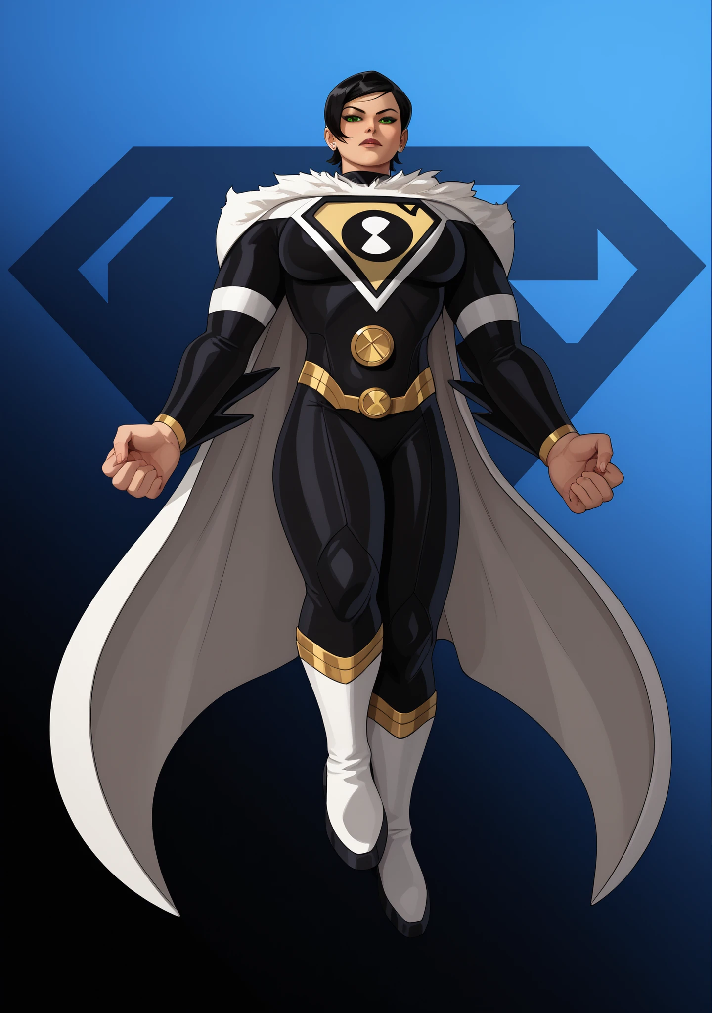  detailed,beautiful face,detailed background,detailed face,4k,HD,8k,highres,antialiasing,detailed,texture BREAK SupergirlSC,1girl,short hair,big breasts,black hair,thighs,cape,bodysuit,covered navel,solo,thick thighs,skin tight,mature female,white cape,superhero,black bodysuit,cowboy shot,street background,street,cowboy shot, green eyes,symbol, solar symbol, ben10, thin arms