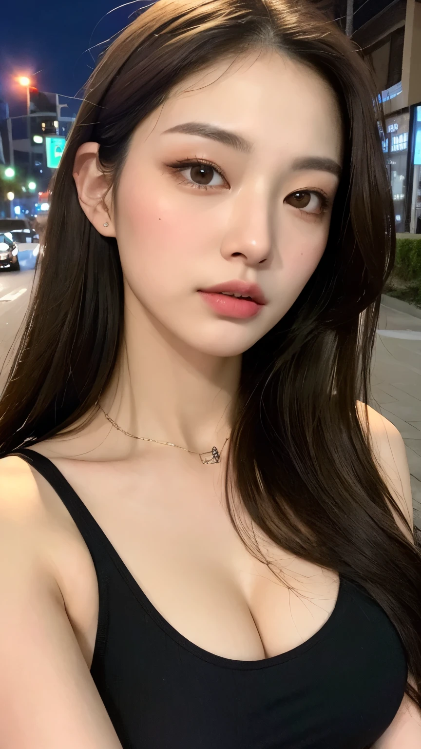 ((Realistic lighting, Best quality, 8K, Masterpiece: 1.3)), Clear focus: 1.2, 1girl, Perfect body beauty: 1.4, Slim abs: 1.1, ((dark brown hair, Big breasts: 1.3)), (Aqua dress: 1.4), (Outdoor, night: 1.1), City streets, Super fine face, fine eyes, double eyelids, exposed cleavage