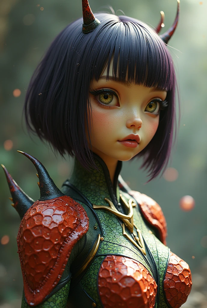Highest quality, masterpiece, The adorable face of a Japanese idol, The face is completely human, Cowboy Shot, Thighs, Surreal painting inspired by Dinovarus, cgsociety contest winner, Fantasy art, Sexy reptilian humanoid woman, 4 k detail fantasy, Beautiful avatar photos, hyperrealistic Fantasy art, Green skin. Complex, 4k Fantasy art, Snake Woman Hybrid, Black choker, Big Breasts, Idol face, Happy expression, Facing forward, 