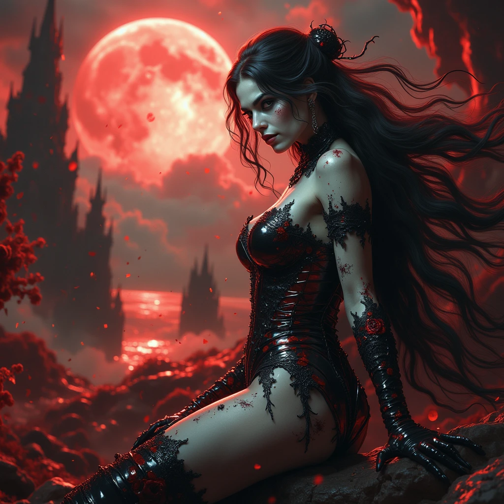 a picture of an exquisite beautiful female human spider anymorph standing under the starry night sky at the dark forest, full body(ultra detailed, Masterpiece, best quality), ultra detailed face (ultra detailed, Masterpiece, best quality), ultra feminine, red skin,  black hair, wavy hair, dynamic eyes color, yellow glowing eyes, intense eyes, red lips,  wearing white dress, dark elegant style dress (ultra detailed, Masterpiece, best quality), black and red spider lower body (ultra detailed, Masterpiece, best quality), red veins, spider abdomen and spider legs,  sky full of stars background, moon, best details, best quality, 16K, [ultra detailed], masterpiece, best quality, (ultra detailed), full body, ultra wide shot, photorealism, dark fantasy art, gothic art Larry Elmore style,