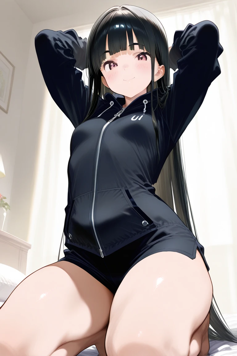 "(Highest image quality, High resolution, Ultra fine, 8K) one woman、Detailed and delicate face、Beauty、(golden twintail hairstyle)、beautiful lips、fair and smooth skin、big breasts、big thighs、Squatting down with legs wide open、spread legs、pure white background、Composition visible from head to foot、symmetrical composition、Composition from the front、(hands behind head)、excited look、(school swim suit)