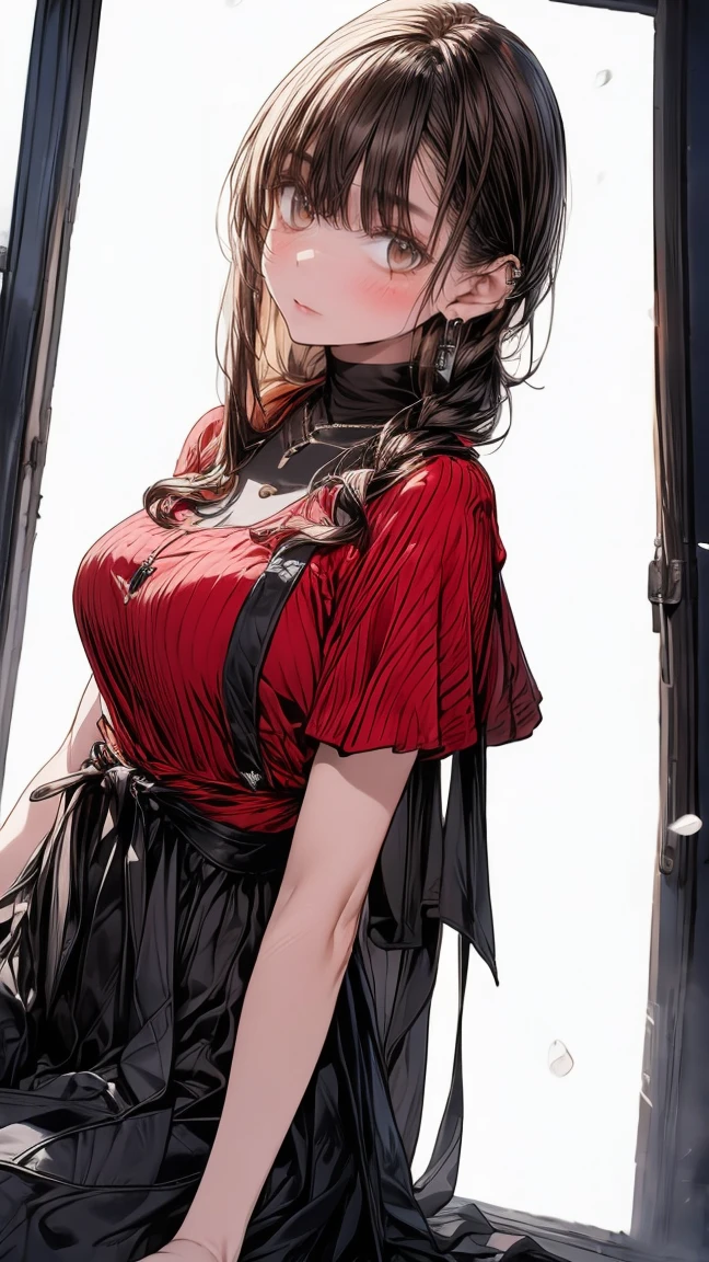 Top quality, masterpiece, 8K, demon, beautiful girl, 10 years old, long hair, red cheeks, embarrassed, thin fabric, translucent, smudged skin, wet tank top, rain, back alley, twisted horns, ((((big chest:1.4)))), princess, pointy center of chest, hips raised high, back to viewer