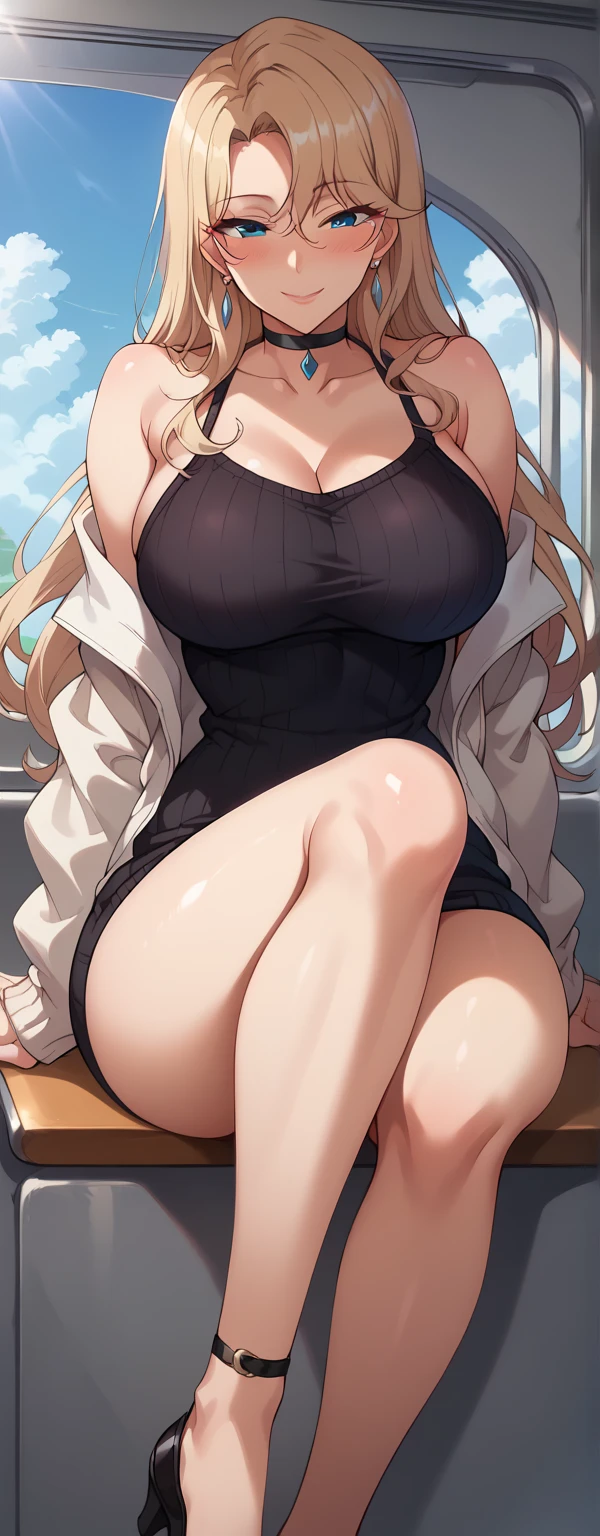 Beautiful detailed light skinned woman 21 years old.. . bright red eyes, blush, whole body, slender body,((big breasts)), ((hyperrealism)) ,. but from the leg, hoodie, outlined lips,, chin forward, light eyes, neckline, camisa negra con neckline, low-cut, industrial background, whole body, caderona, big hips, high quality, piernona, big legs, whole body, flat stomach, huge legs, coquette, huge legs, tiffany blue dress, Bondi blue dress,SMILE.
