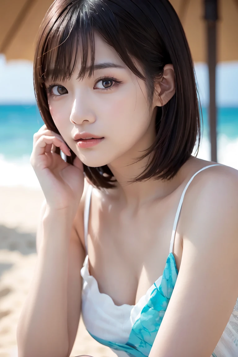 masutepiece, Best Quality, Illustration, Ultra-detailed, finely detail, hight resolution, 8K Wallpaper, Perfect dynamic composition, Beautiful detailed eyes, Swimsuit, Natural Color Lip,Beach, Random and cute poses, Kissing face,Close your eyes,Face Kiss Viewer,Perfect and beautiful face,Cute,Sexy face,Raise chin