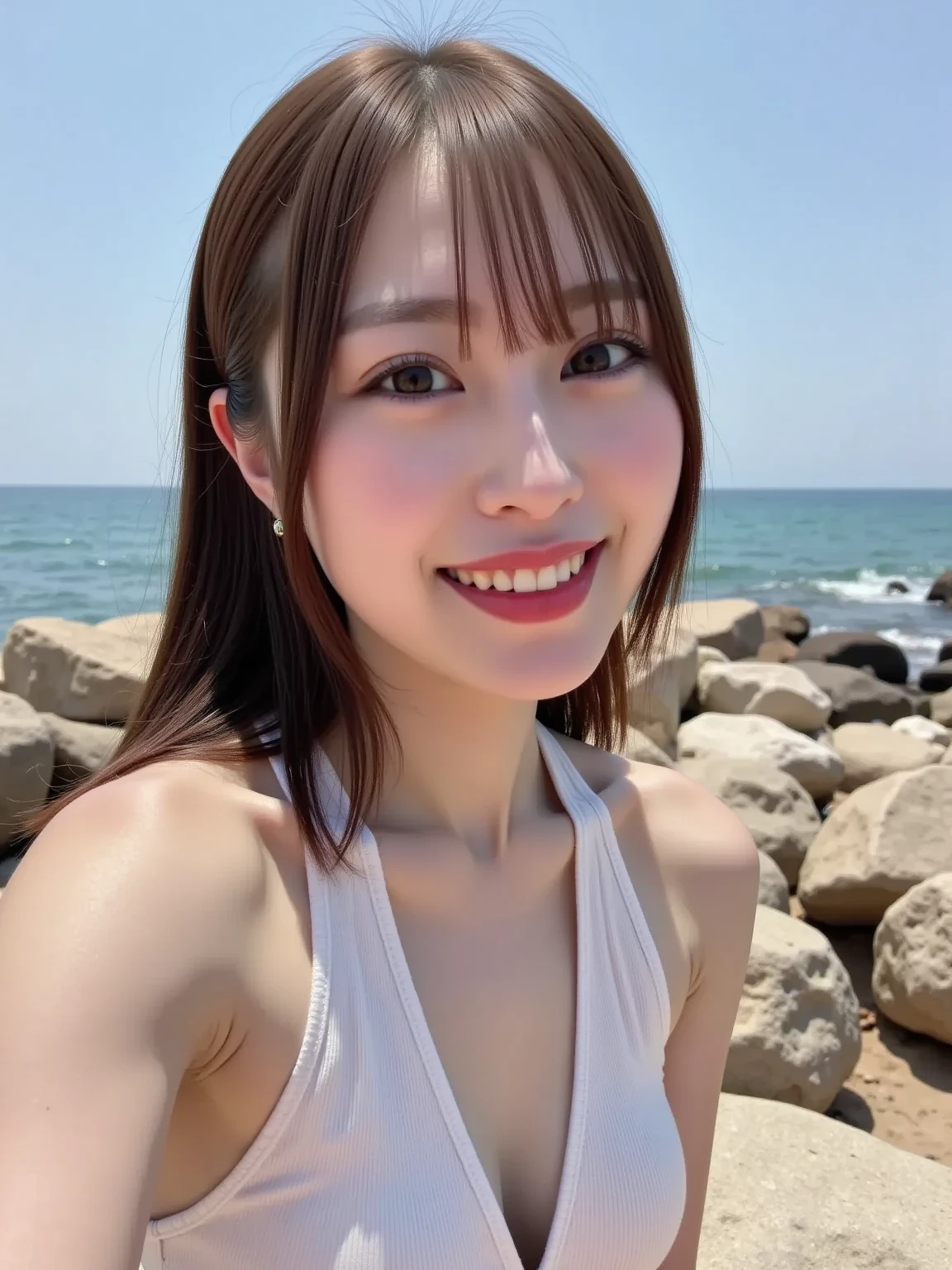 (8k、Photorealistic、Raw photo、highest quality: 1.4)、(highest quality、Ultra-realistic shooting)、Majestic Mountain、(((sea of clouds)))、Woman watching the sunset、Selfie、((Upper Body))、White T-shirt、Trekking pants、Trekking boots、rucksack、(Very delicate face、so beautiful)Maid、Very delicate eyes、Highly detailed nose、Very sophisticated mouth、Highly detailed facial features)、beauty、18-year-old、Sweating on the face and forehead、White shirt , huge shy smile , random cute pose , big eyes , cute dress , Knitted cardigans