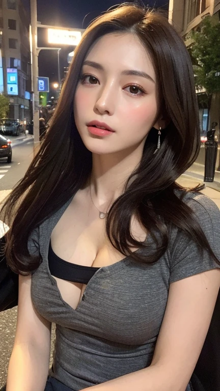 ((Midnight, Best quality, 8k, Masterpiece :1.3)), Whole body, Long legs, Sharp focus :1.2, A pretty woman with perfect figure :1.4, Slender abs :1.1, ((Dark brown hair, Big breasts :1.2)), (White tight tshirt, Jean bib, Standing:1.2), ((Night city view, Rooftop:1.3)), Highly detailed face and skin texture, Detailed eyes, Double eyelid, sunset, darken, backlit, off shoulder