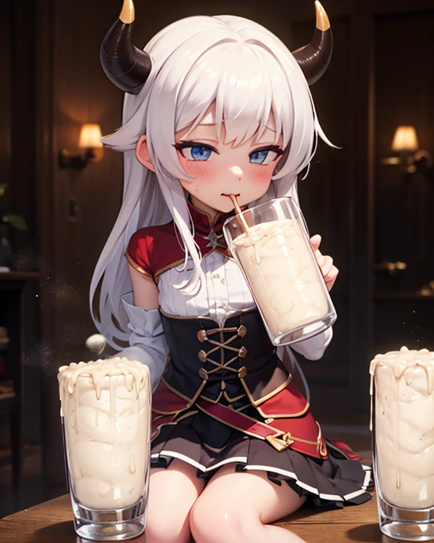 one cute cow girl, half cow, bangs, long white hair, big, embarrassment, cow ears, cow horns, pale skin, green eyes, sexy, pretty face, drinking coffee, smile, laugh, modern clothes, red biretta, red boots, tights, denim skirt, white off-shoulder blouse