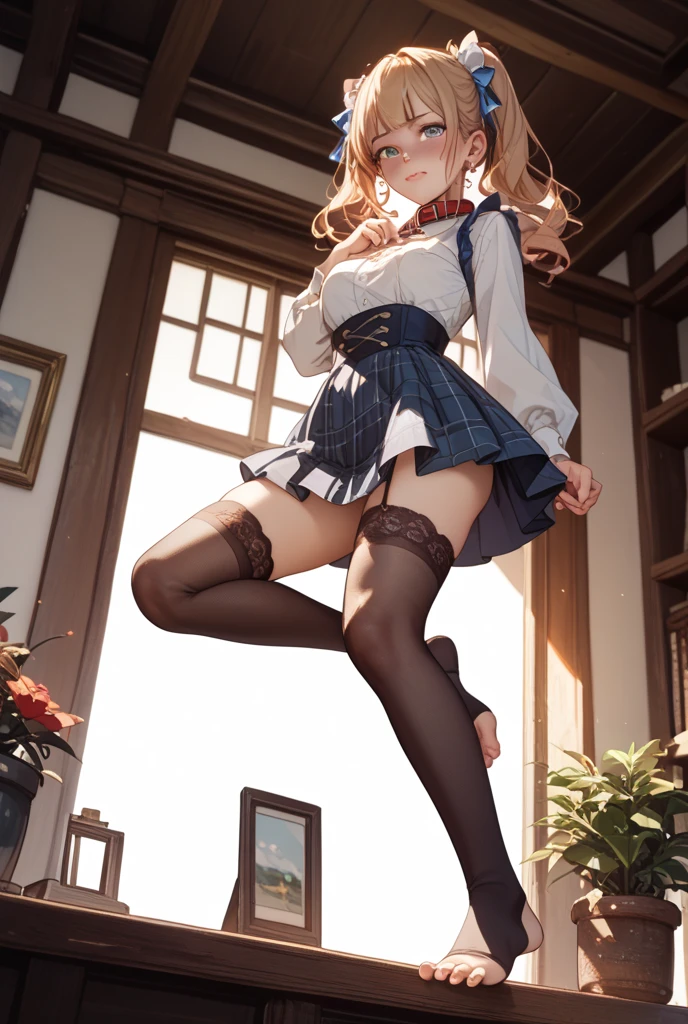 1 girl, ((underwear, underwear, thong, skirt up, skirt up, view from below, under skirt, Sexy, disciple)), (8k ultra high definition:1.2), Detailed face, perfect face, masterpiece, fine hair, detailed body, Delicate skin, Detailed hands, Detailed hands指,