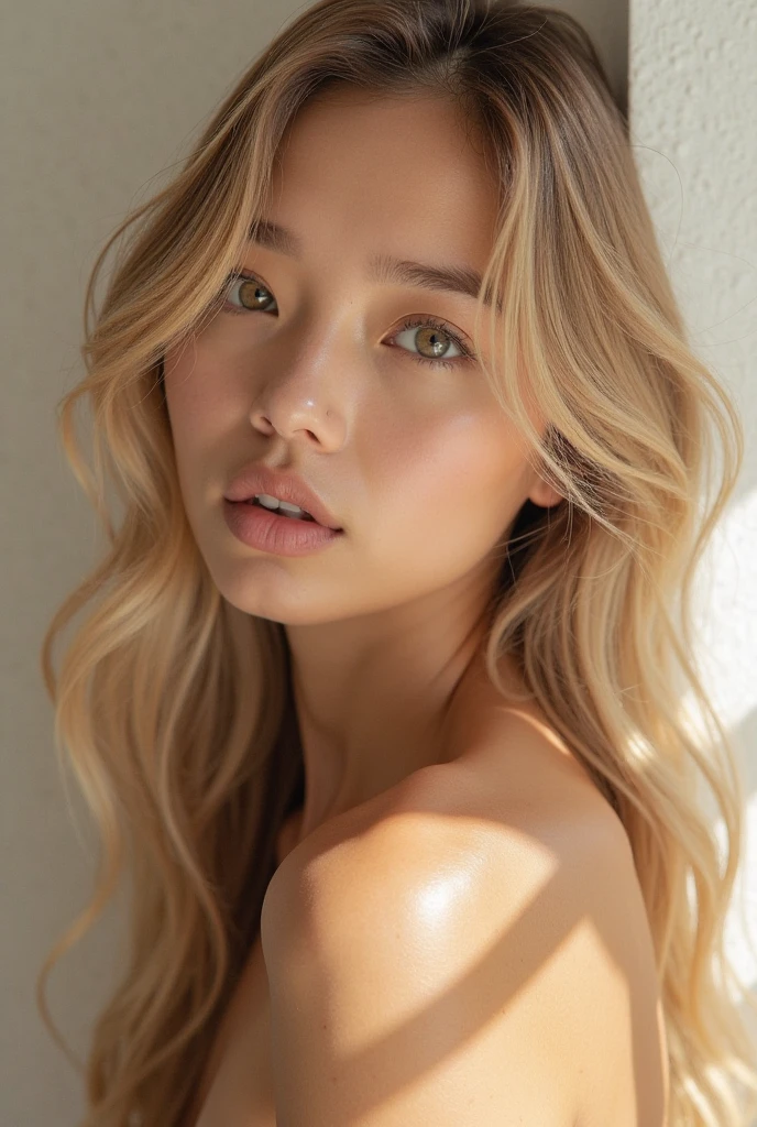 Índian woman 30 years old, tanned skin, hazel eyes, almond eyes, plump lips, long wavy blond hair  freckles,  8k 8mm