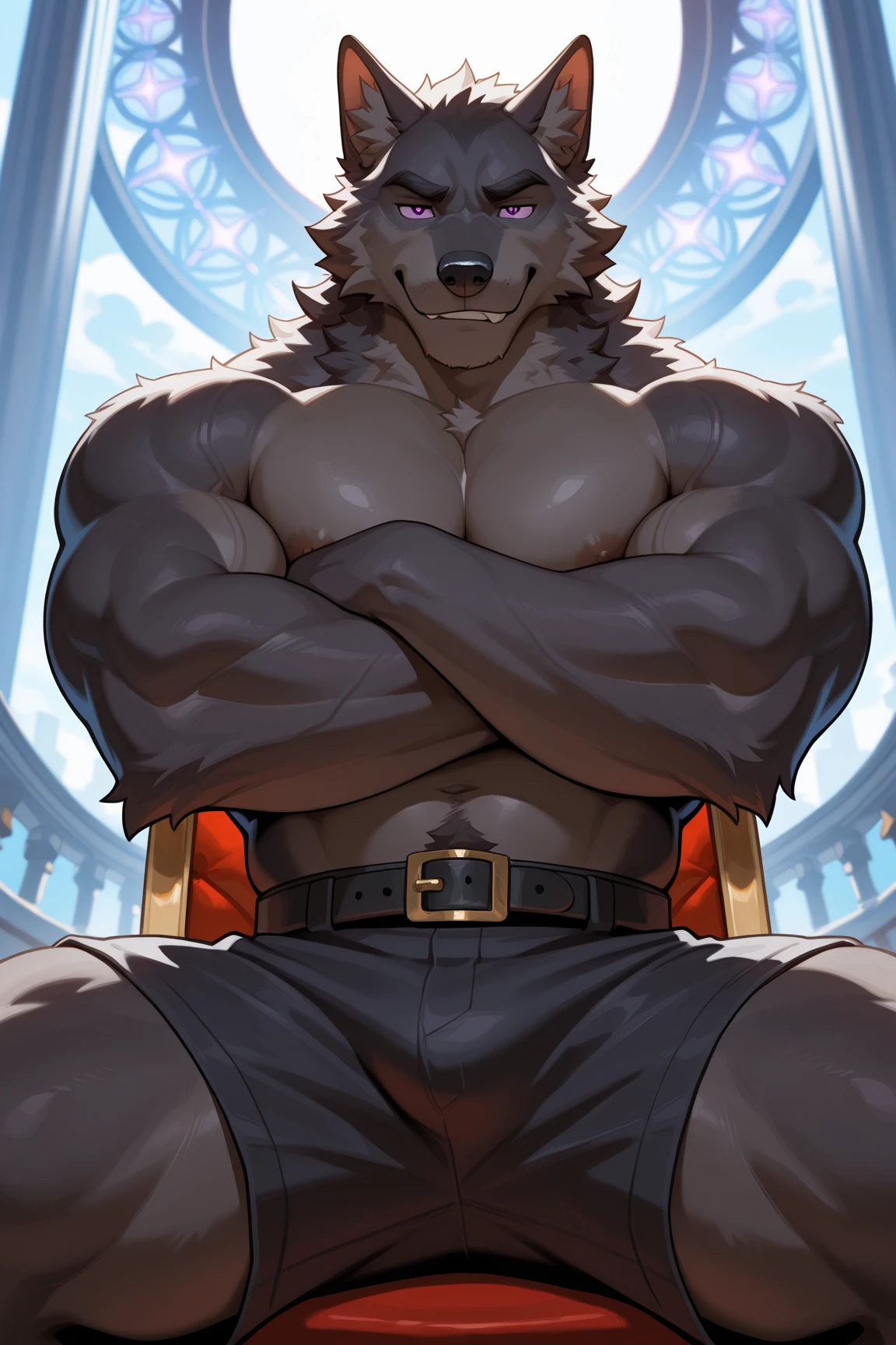 Solo, male, king sitting on throne, throne room background, bulge, by bigcozyorca, by goonie-san, by bebebebebe, by spikedmauler, front view, big buff , reindeer,  grey fur, bushy tail, buff, wearing crown 👑 and loincloth, steam, panting, blush, hearts, stoic expression, hard cock, boner, throbbing boner, older, sexy pose, beard, massive bulge, throbbing movement around cock, looking at viewer, close up, cock detailed outline, on top of viewer, underwear cock outline, exposing boner, dad, dad bod, daddy