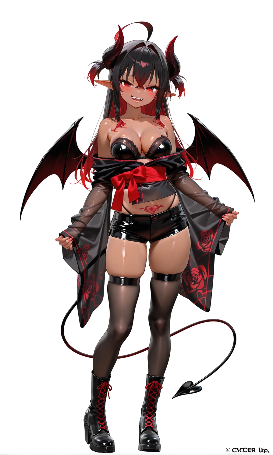 girl, devil, demon wings, devil's tail, red eyes, beautiful appearance, full body black tights,,(8k, RAW photo, best quality, masterpiece:1.2), ultra high res, photo realistic, professional lighting, detailed lighting, professional photography, high quality, high res, extremely detailed, bloom, depth of field, sketch, sharp focus, soft lighting, detailed, detailed skin, to8contrast style