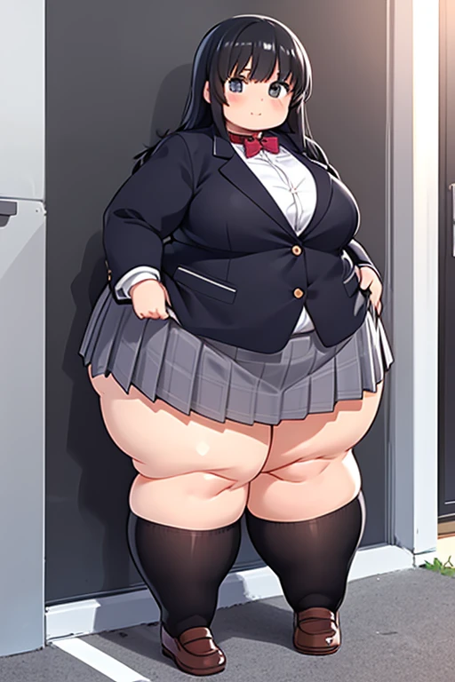 ((masterpiece,intricate details)),1girl,mature female,brown eyes,smile,massive fat heavy breasts,thick thighs, wide fat hips, massive fat round heart shaped shelf bubble butt, massive bloated overstuffed bulging fat heavy belly,BREAK sit, spread legs,office lady uniform,miniskirt,((thighhighs)),high heels BREAK day,snow,windy,blue sky,ice,cumulonimbus,((cowboy shot)),from side:1.3,depth of field,looking at viewer