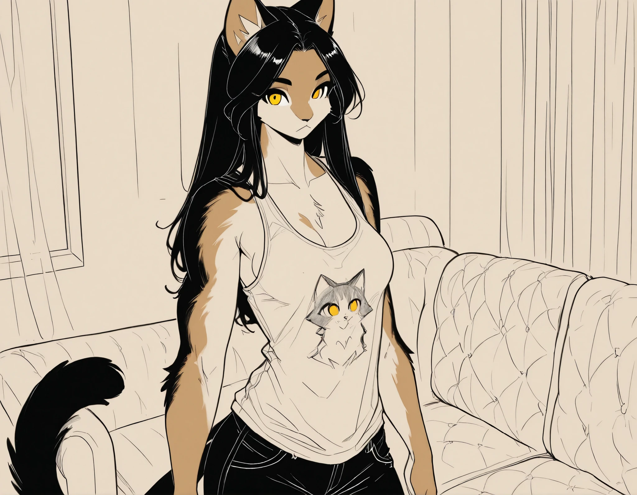 monochrome, line art, pencil drawing, 1girl, (Valeri\(anthro cat girl, straight black hair, black tail, yellow eyes, medium breasts, black fur on arms and tail, beige fur on chest and face, wearing tank top and open flannel shirt, standing)\), couch in foreground